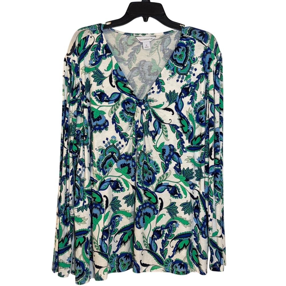 Liz Claiborne 1X Pretty Paisley Blue & Green Long Sleeve V-neck Knotted Blouse